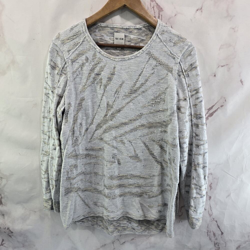 Nic + Zoe Top Womens Large Light Blue Linen Long Sleeve Round Neck Stripe